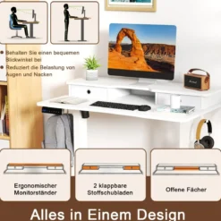 Schreibtisch höhenverstellbar elektrischer Computertisch Stehschreibtisch mit Monitorständer 100 x 60 cm Braun/Weiß