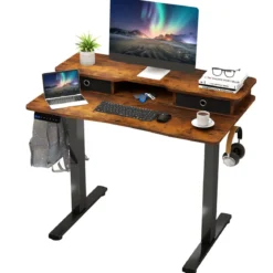 Schreibtisch höhenverstellbar elektrischer Computertisch Stehschreibtisch mit Monitorständer 100 x 60 cm Braun/Weiß