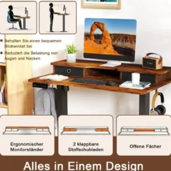 Schreibtisch höhenverstellbar elektrischer Computertisch Stehschreibtisch mit Monitorständer 100 x 60 cm Braun/Weiß