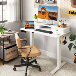 Schreibtisch höhenverstellbar elektrischer Computertisch Stehschreibtisch mit Monitorständer 100 x 60 cm Braun/Weiß