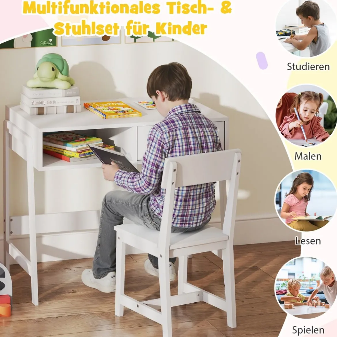 Schreibtisch Kinder mit Stuhl Kinderschreibtisch Set aus Holz Jugendschreibtisch mit Schublade & Ablage Schwarz/Rosa/Weiß