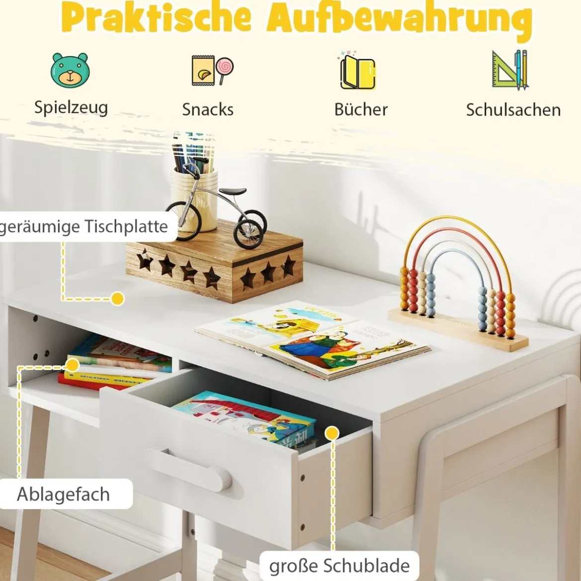 Schreibtisch Kinder mit Stuhl Kinderschreibtisch Set aus Holz Jugendschreibtisch mit Schublade & Ablage Schwarz/Rosa/Weiß