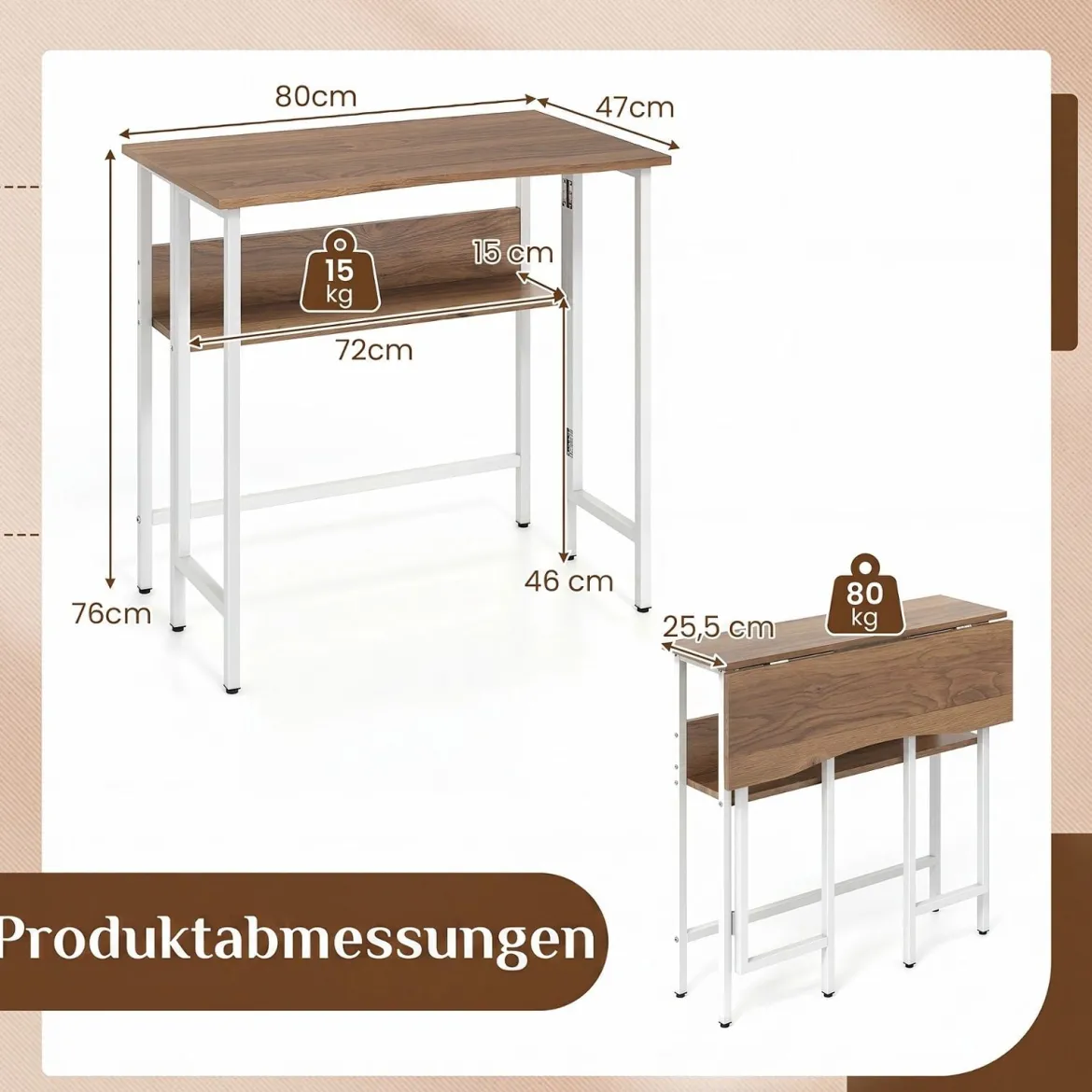 Schreibtisch Klappbar mit Robuster Metallkonstruktion & Ablagefach Computertisch Holz Natur