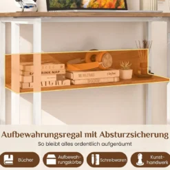Schreibtisch Klappbar mit Robuster Metallkonstruktion & Ablagefach Computertisch Holz Natur