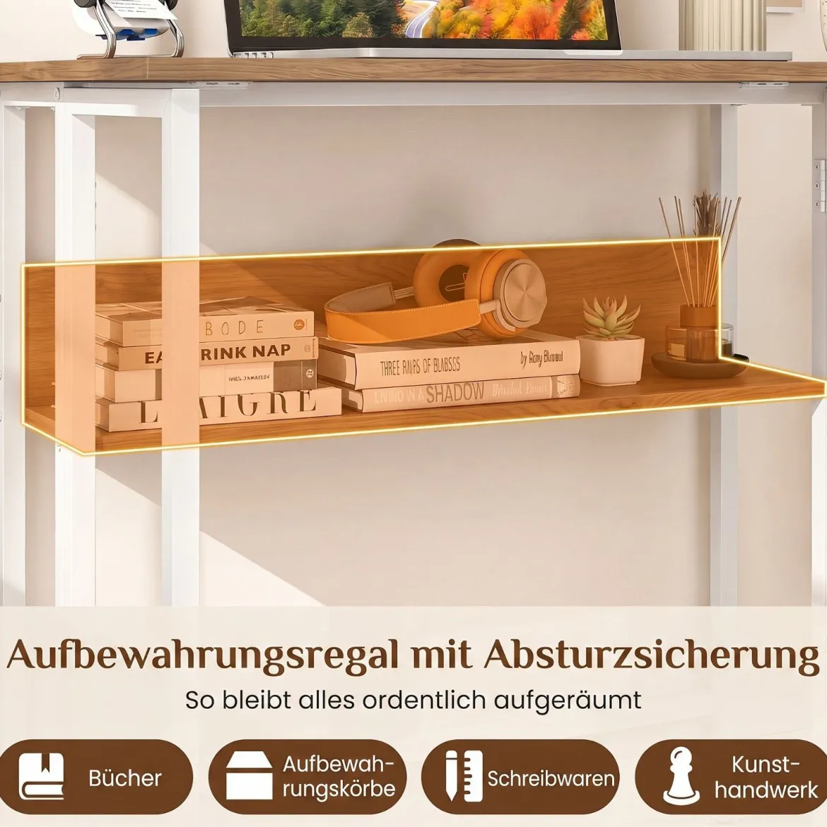 Schreibtisch Klappbar mit Robuster Metallkonstruktion & Ablagefach Computertisch Holz Natur