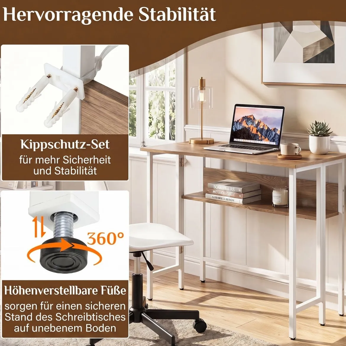 Schreibtisch Klappbar mit Robuster Metallkonstruktion & Ablagefach Computertisch Holz Natur
