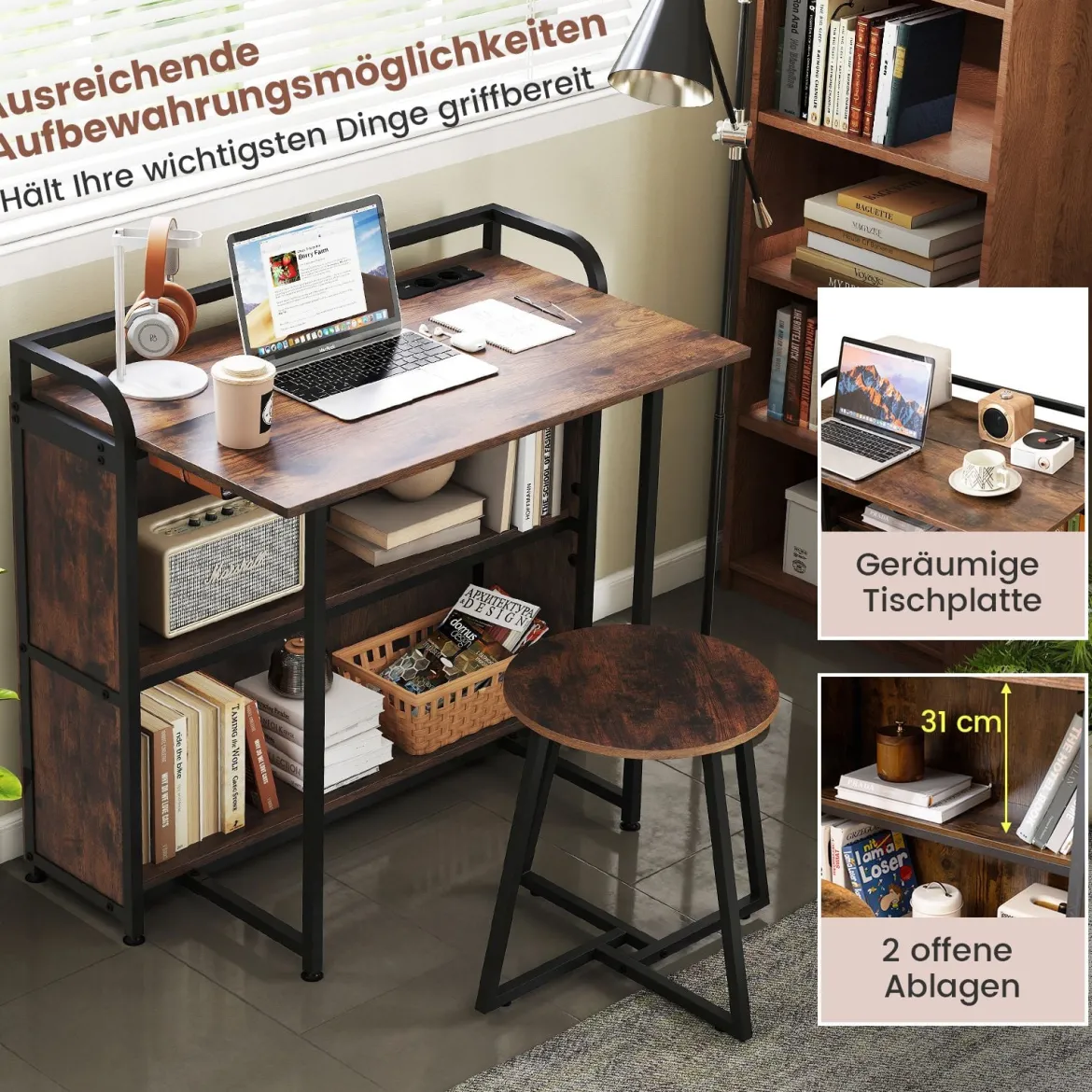 Schreibtisch klappbar mit Steckdose Klapptisch mit Hocker Computertisch mit Regalen & Metallrahmen 90 x 55 x 83 cm Braun