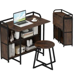 Schreibtisch klappbar mit Steckdose Klapptisch mit Hocker Computertisch mit Regalen & Metallrahmen 90 x 55 x 83 cm Braun