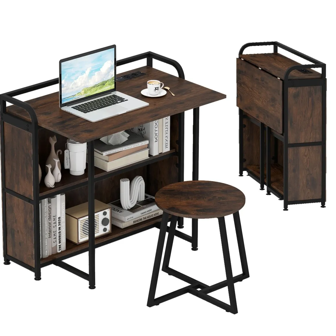 Schreibtisch klappbar mit Steckdose Klapptisch mit Hocker Computertisch mit Regalen & Metallrahmen 90 x 55 x 83 cm Braun
