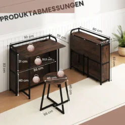 Schreibtisch klappbar mit Steckdose Klapptisch mit Hocker Computertisch mit Regalen & Metallrahmen 90 x 55 x 83 cm Braun
