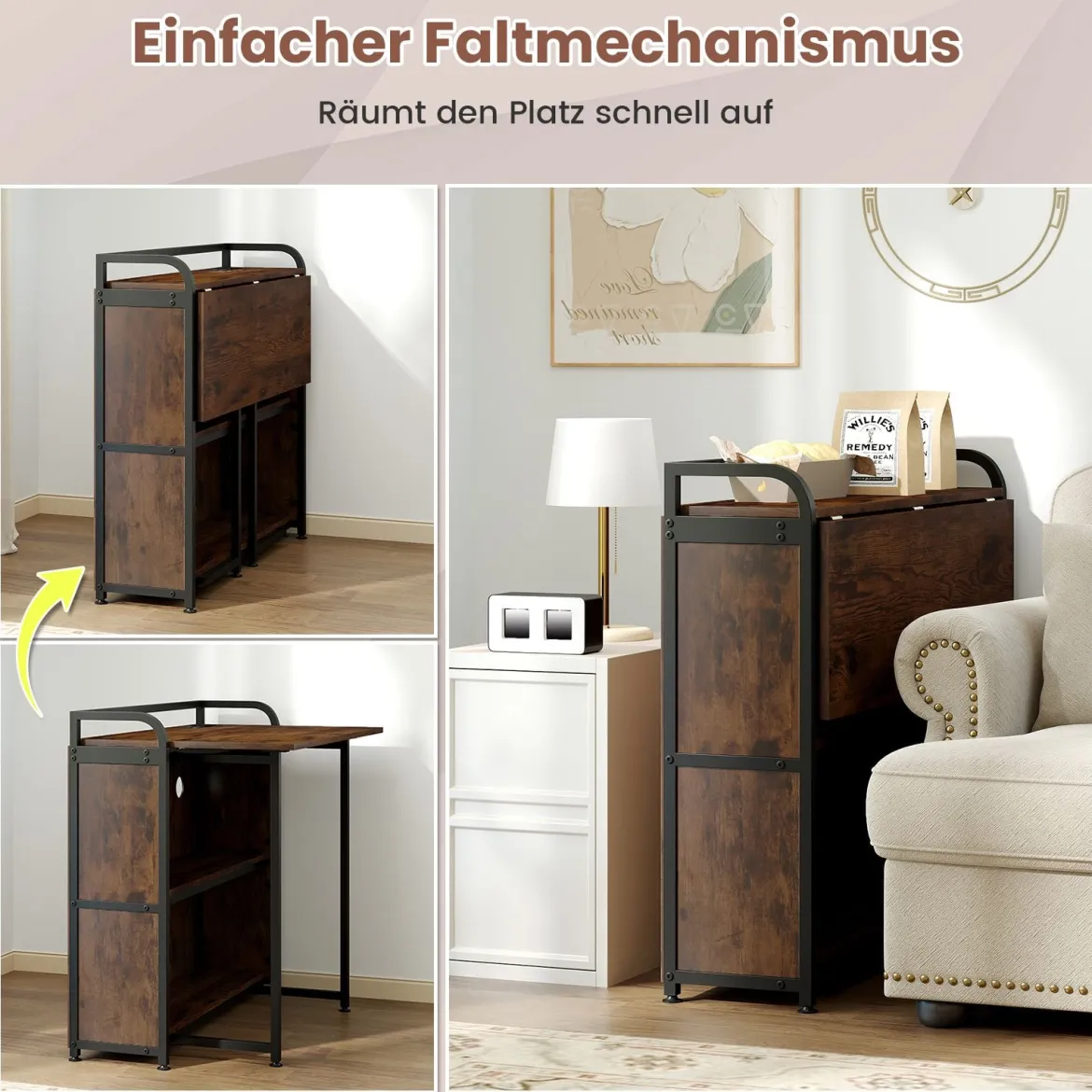 Schreibtisch klappbar mit Steckdose Klapptisch mit Hocker Computertisch mit Regalen & Metallrahmen 90 x 55 x 83 cm Braun