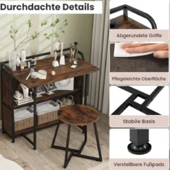 Schreibtisch klappbar mit Steckdose Klapptisch mit Hocker Computertisch mit Regalen & Metallrahmen 90 x 55 x 83 cm Braun