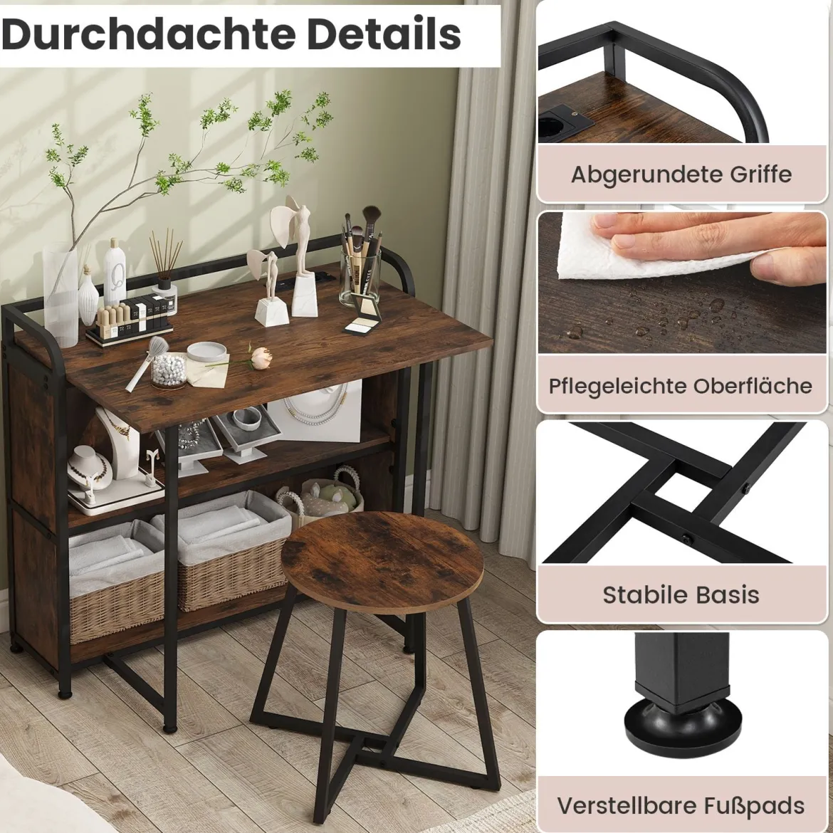 Schreibtisch klappbar mit Steckdose Klapptisch mit Hocker Computertisch mit Regalen & Metallrahmen 90 x 55 x 83 cm Braun