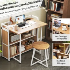 Schreibtisch klappbar mit Steckdose Klapptisch mit Hocker Computertisch mit Regalen & Metallrahmen 90 x 55 x 83 cm Natur