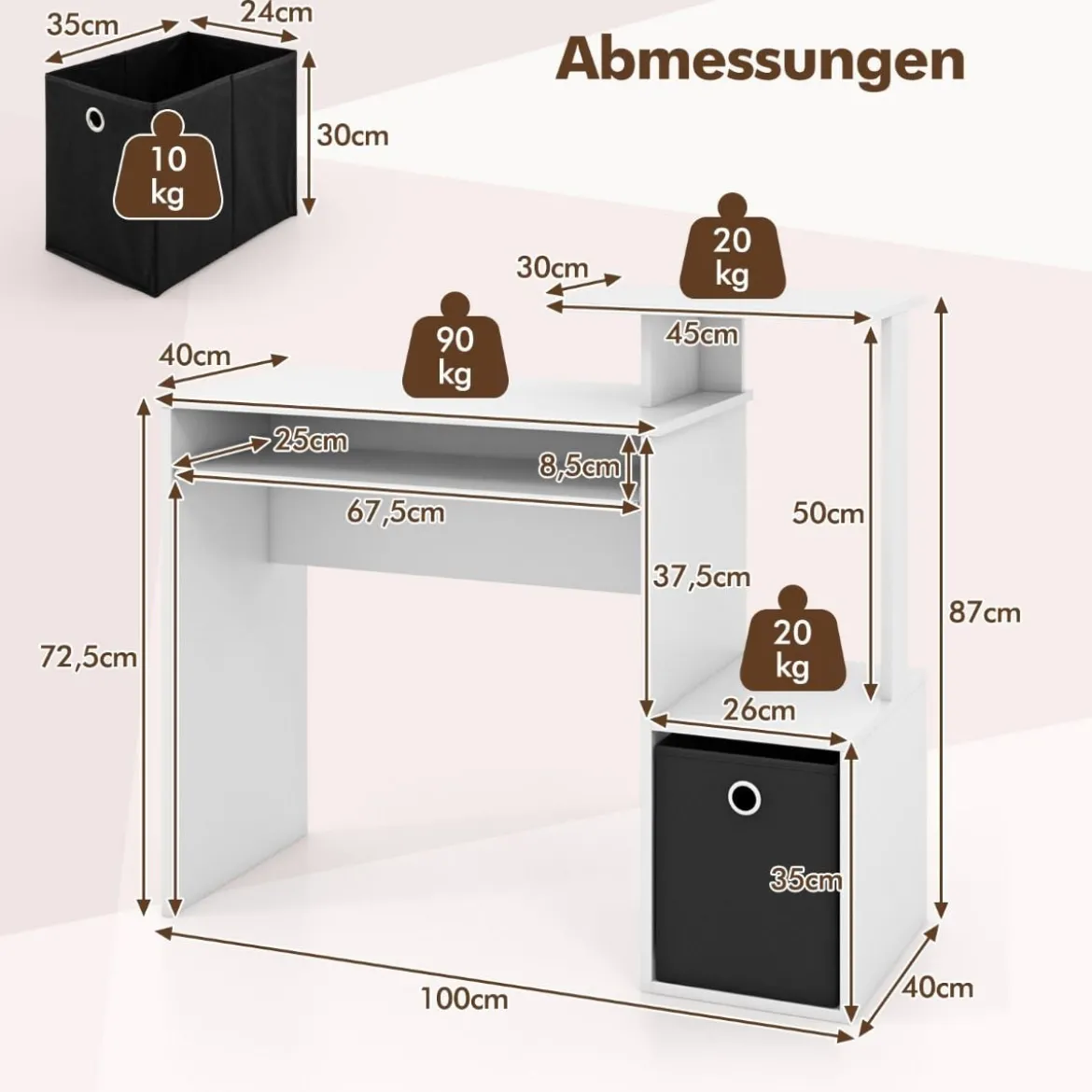 Schreibtisch Kleiner Computertisch mit Druckerablage Bürotisch für Home Office 100 x 40 x 87 cm Weiß