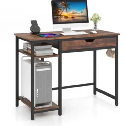 Schreibtisch Kleiner Computertisch mit Schublade & verstellbarem Regal 100 x 50 x 76 cm Rustikales Braun
