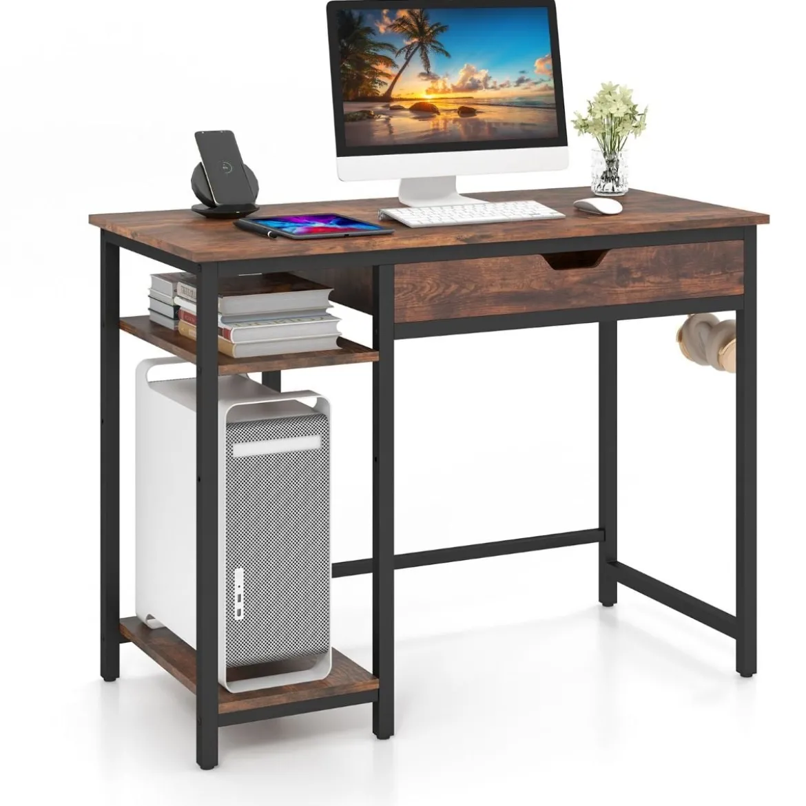 Schreibtisch Kleiner Computertisch mit Schublade & verstellbarem Regal 100 x 50 x 76 cm Rustikales Braun