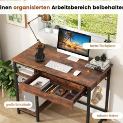 Schreibtisch Kleiner Computertisch mit Schublade & verstellbarem Regal 100 x 50 x 76 cm Rustikales Braun