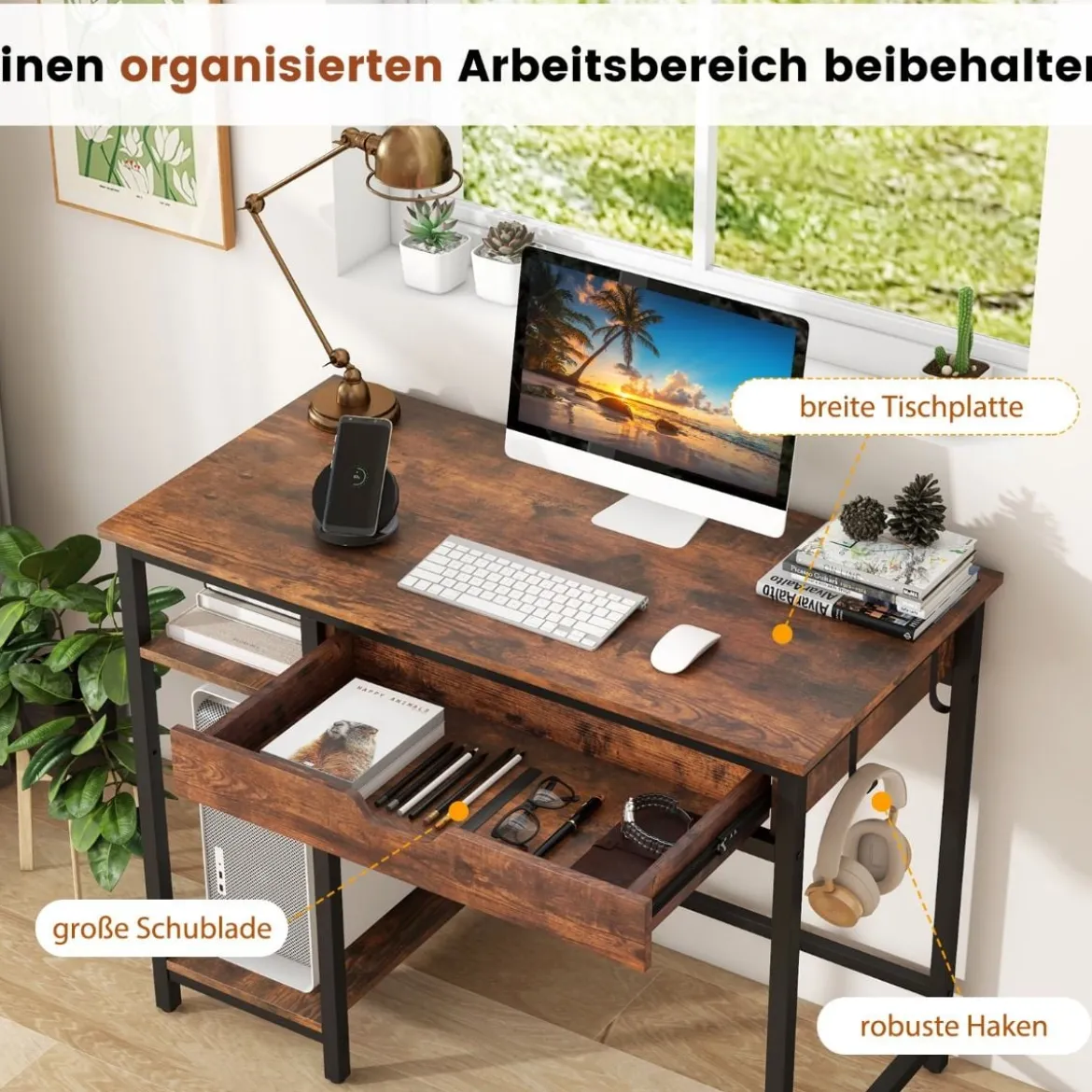 Schreibtisch Kleiner Computertisch mit Schublade & verstellbarem Regal 100 x 50 x 76 cm Rustikales Braun