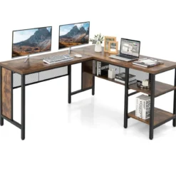 Schreibtisch L-Form Eckschreibtisch mit Regal in voller Länge und 2-stufige Seitenregale Rustikal Braun 150 x 140 x 75 cm