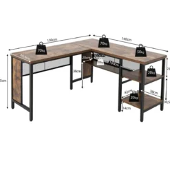 Schreibtisch L-Form Eckschreibtisch mit Regal in voller Länge und 2-stufige Seitenregale Rustikal Braun 150 x 140 x 75 cm