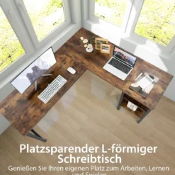 Schreibtisch L-Form Eckschreibtisch mit Regal in voller Länge und 2-stufige Seitenregale Rustikal Braun 150 x 140 x 75 cm