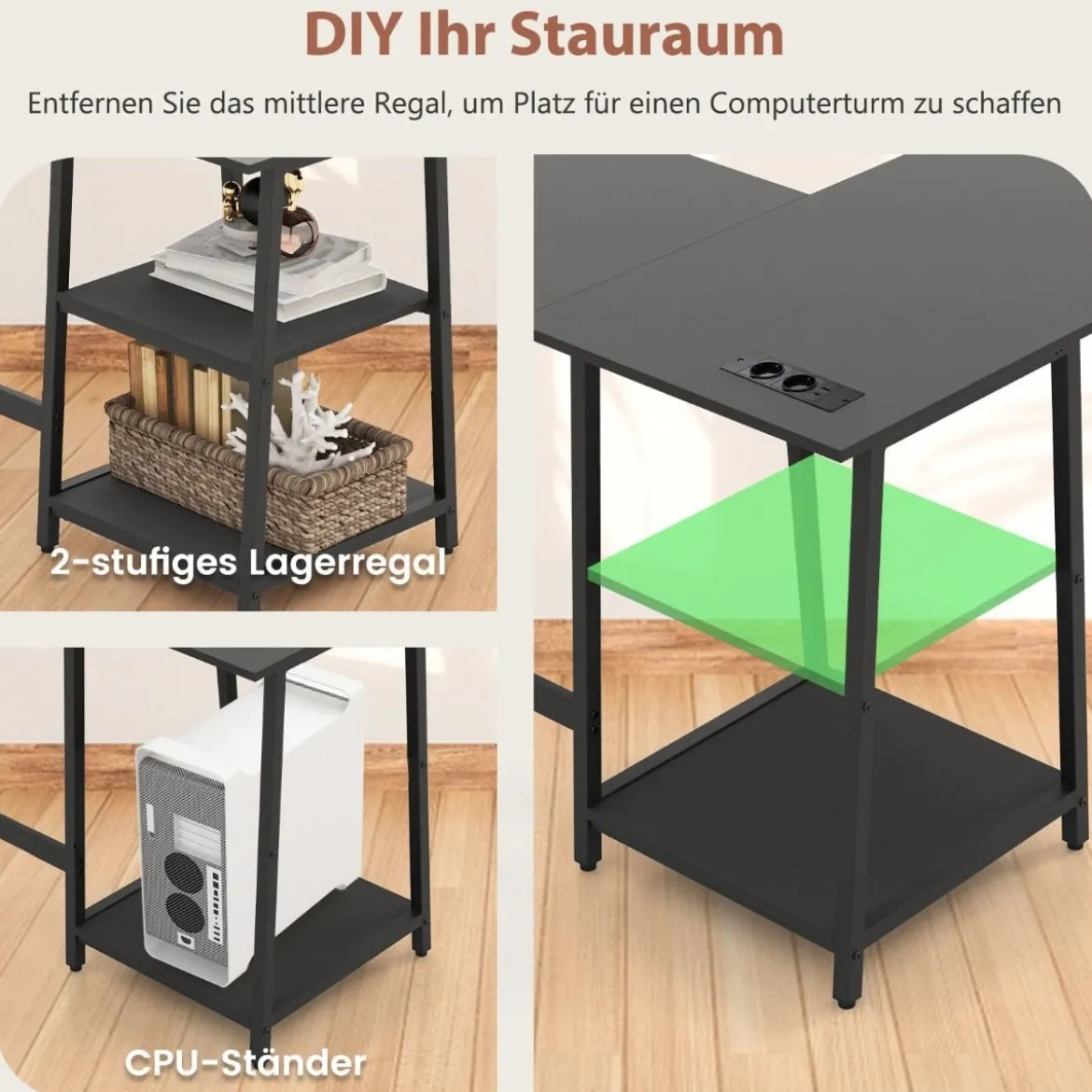 Schreibtisch L-Form Eckschreibtisch mit Steckdosen & USB-Anschlüssen 120 x 120 x 75 cm Schwarz/Rustikales Braun