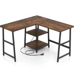 Schreibtisch L-Form Eckschreibtisch mit Steckdosen & USB-Anschlüssen 120 x 120 x 75 cm Schwarz/Rustikales Braun