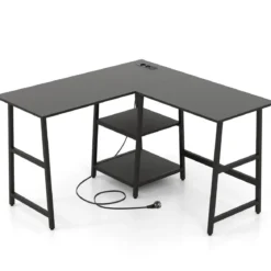 Schreibtisch L-Form Eckschreibtisch mit Steckdosen & USB-Anschlüssen 120 x 120 x 75 cm Schwarz/Rustikales Braun