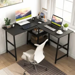 Schreibtisch L-Form Eckschreibtisch mit Steckdosen & USB-Anschlüssen 120 x 120 x 75 cm Schwarz/Rustikales Braun