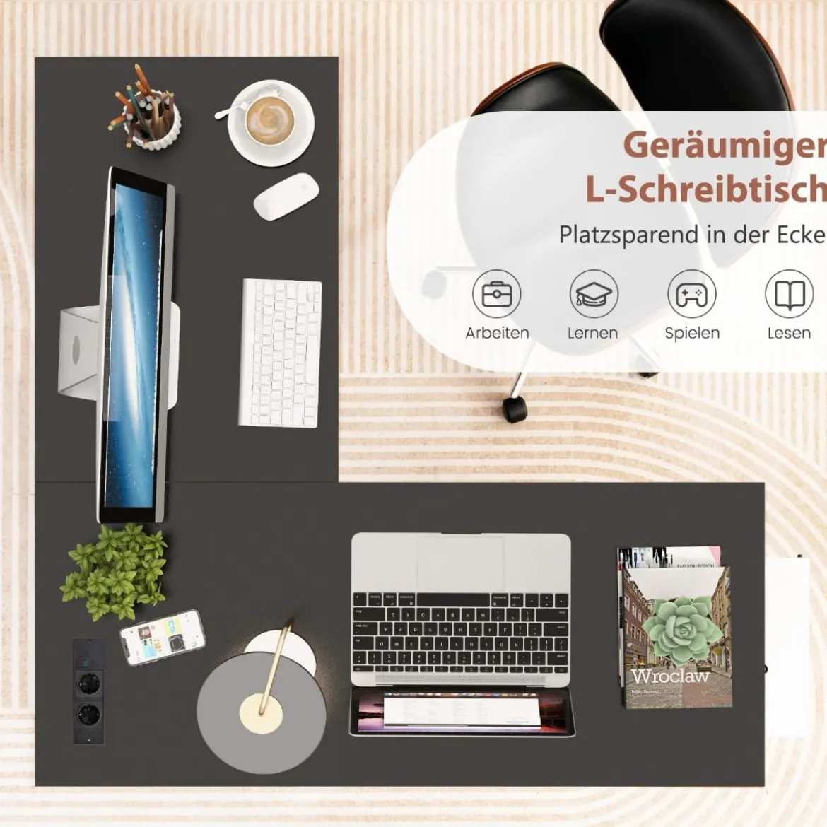 Schreibtisch L-Form Eckschreibtisch mit Steckdosen & USB-Anschlüssen 120 x 120 x 75 cm Schwarz/Rustikales Braun