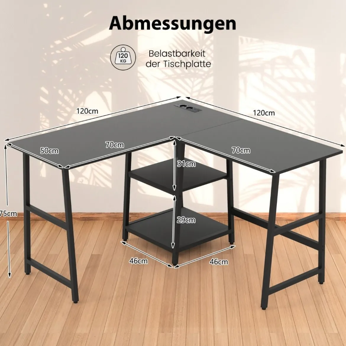 Schreibtisch L-Form Eckschreibtisch mit Steckdosen & USB-Anschlüssen 120 x 120 x 75 cm Schwarz/Rustikales Braun