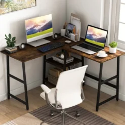 Schreibtisch L-Form Eckschreibtisch mit Steckdosen & USB-Anschlüssen 120 x 120 x 75 cm Schwarz/Rustikales Braun