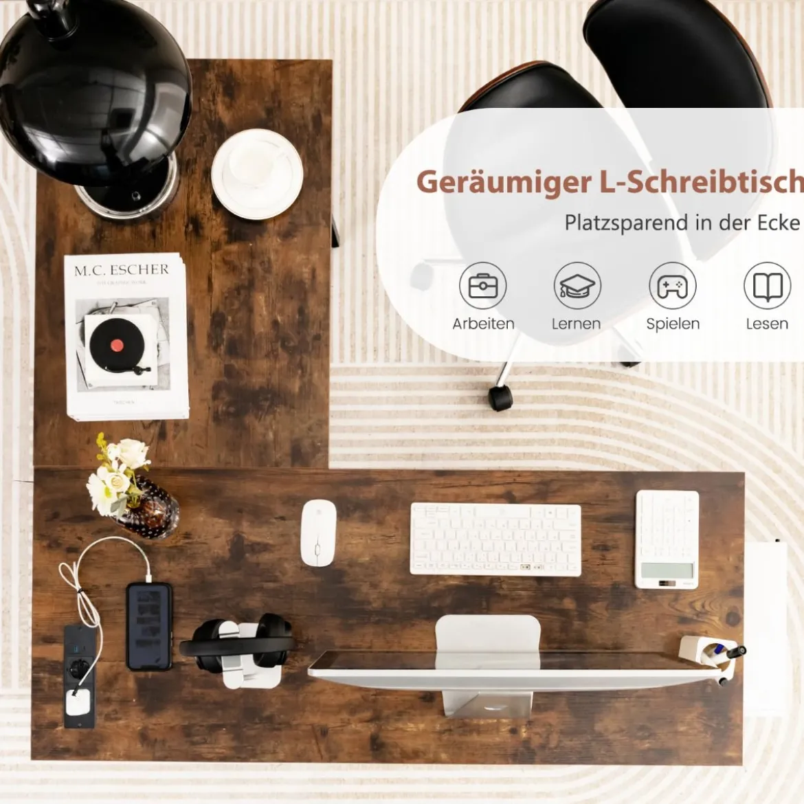 Schreibtisch L-Form Eckschreibtisch mit Steckdosen & USB-Anschlüssen 120 x 120 x 75 cm Schwarz/Rustikales Braun