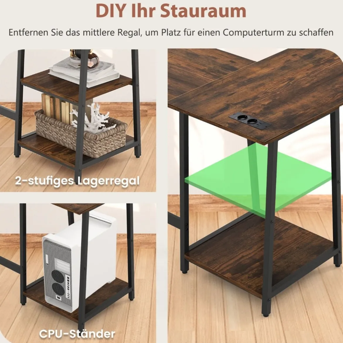 Schreibtisch L-Form Eckschreibtisch mit Steckdosen & USB-Anschlüssen 120 x 120 x 75 cm Schwarz/Rustikales Braun