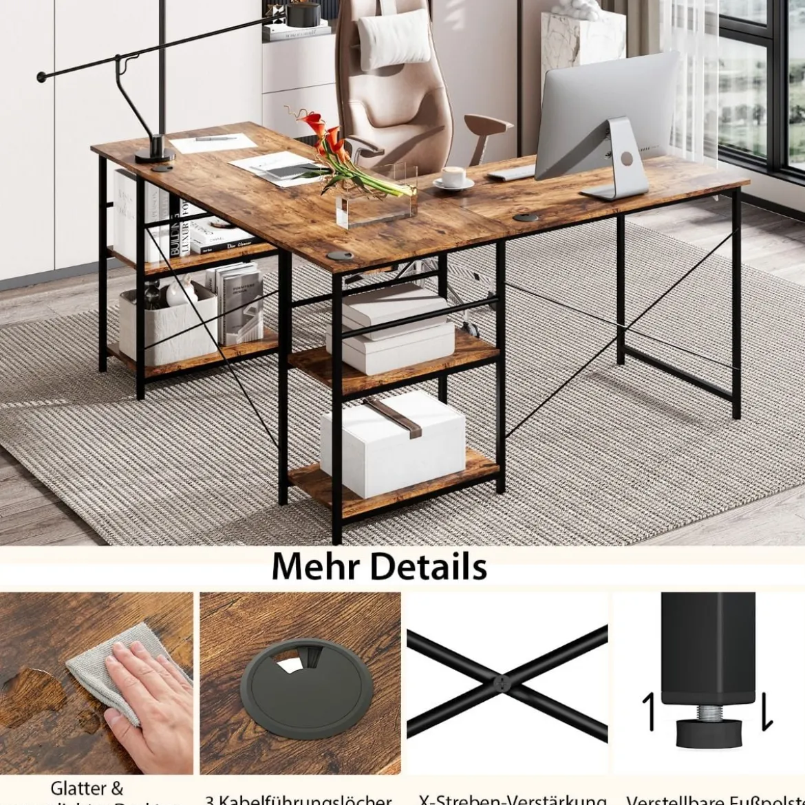 Schreibtisch L-Form Reversibler Eckschreibtisch mit 4 Ablagen 151 x 151 x 75 cm Rustikales Braun