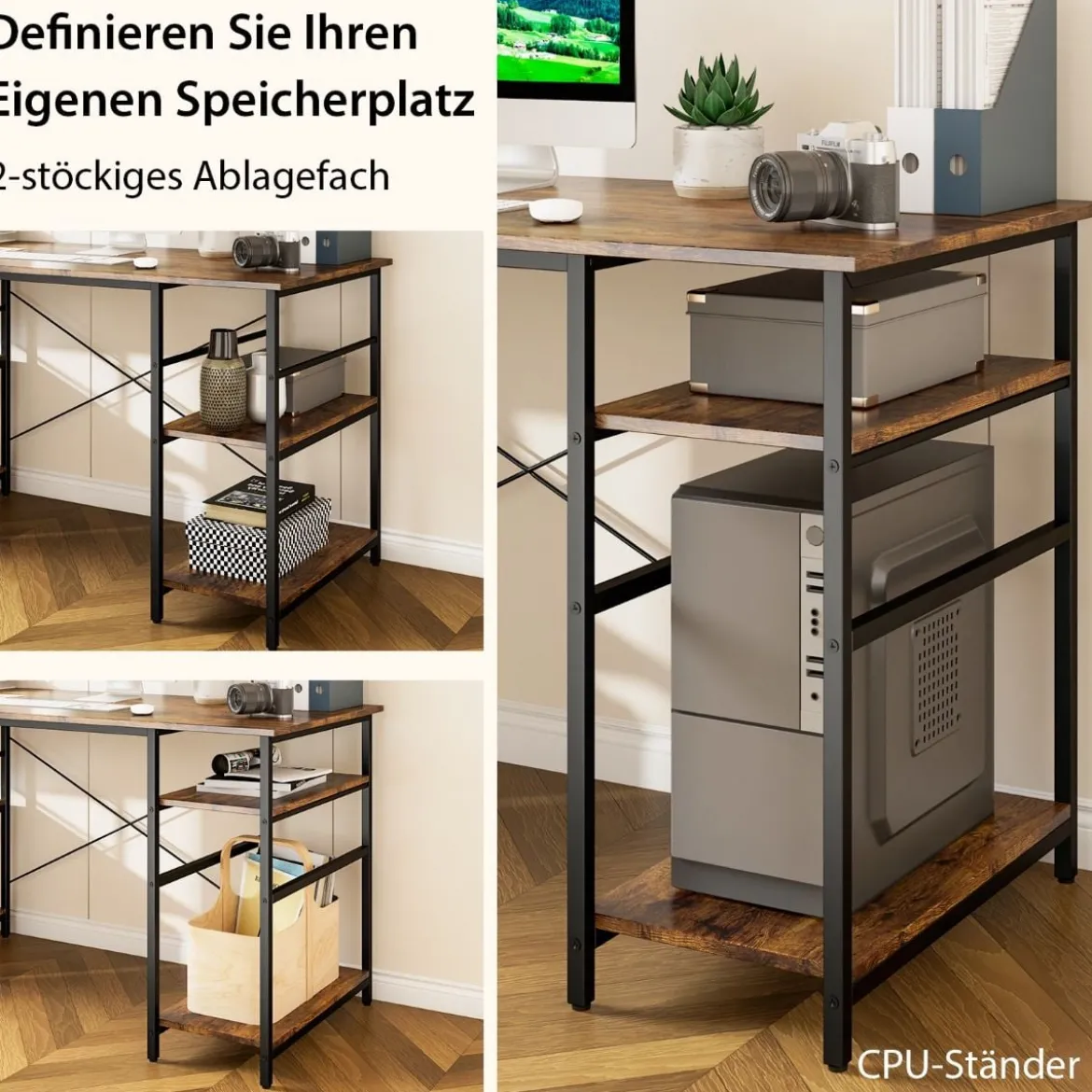 Schreibtisch L-Form Reversibler Eckschreibtisch mit 4 Ablagen 151 x 151 x 75 cm Rustikales Braun