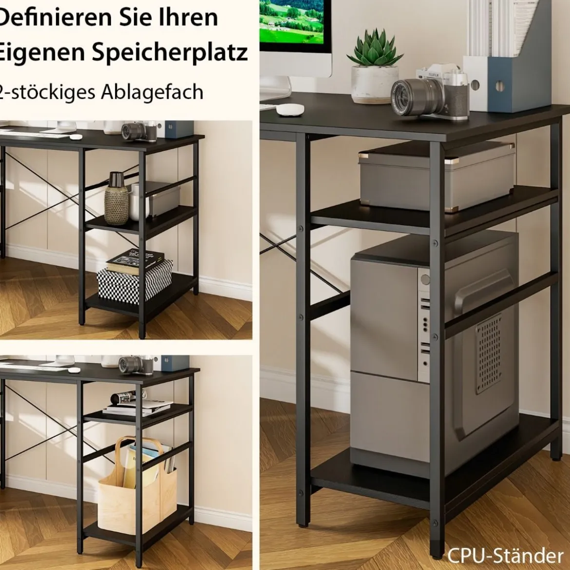Schreibtisch L-Form Reversibler Eckschreibtisch mit 4 Ablagen 151 x 151 x 75 cm Schwarz