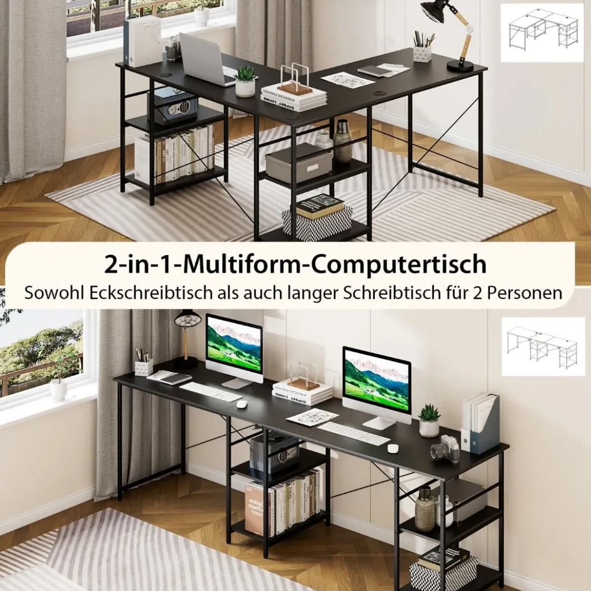 Schreibtisch L-Form Reversibler Eckschreibtisch mit 4 Ablagen 151 x 151 x 75 cm Schwarz