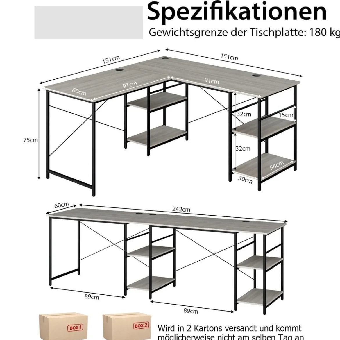 Schreibtisch L-Form Reversibler Eckschreibtisch mit 4 Ablagen 151 x 151 x 75 cm Grau