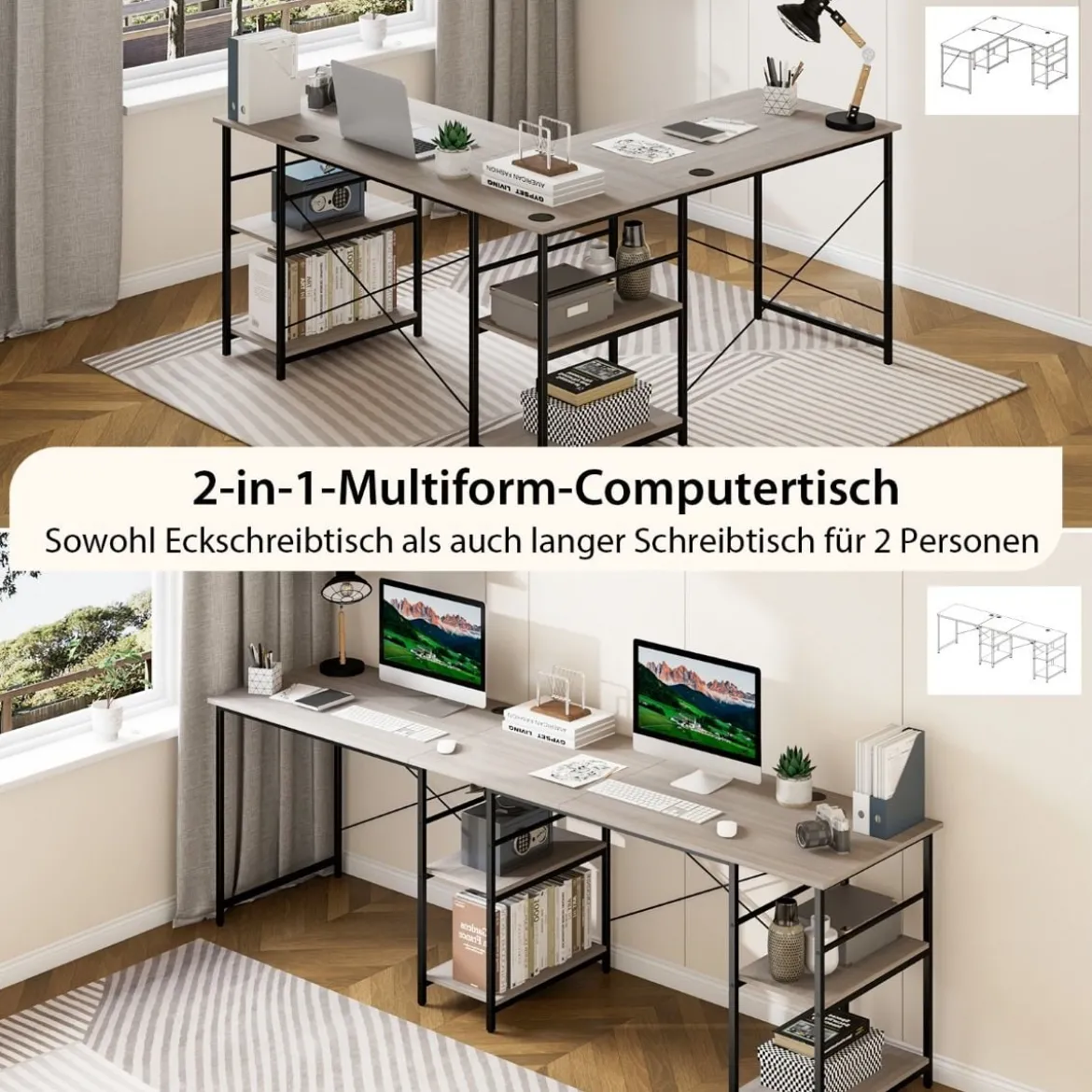 Schreibtisch L-Form Reversibler Eckschreibtisch mit 4 Ablagen 151 x 151 x 75 cm Grau