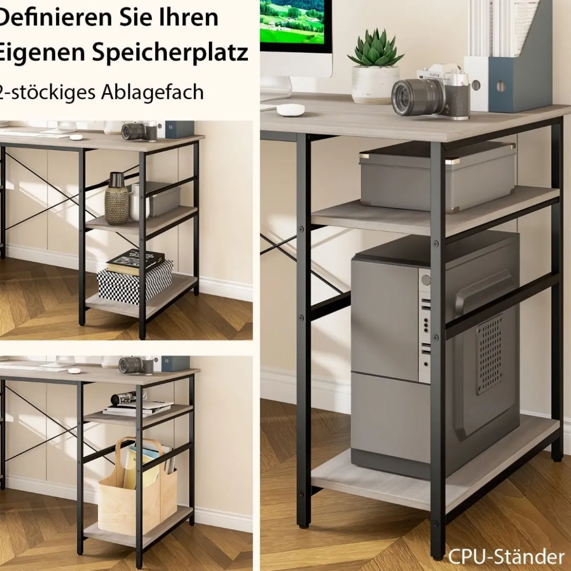 Schreibtisch L-Form Reversibler Eckschreibtisch mit 4 Ablagen 151 x 151 x 75 cm Grau