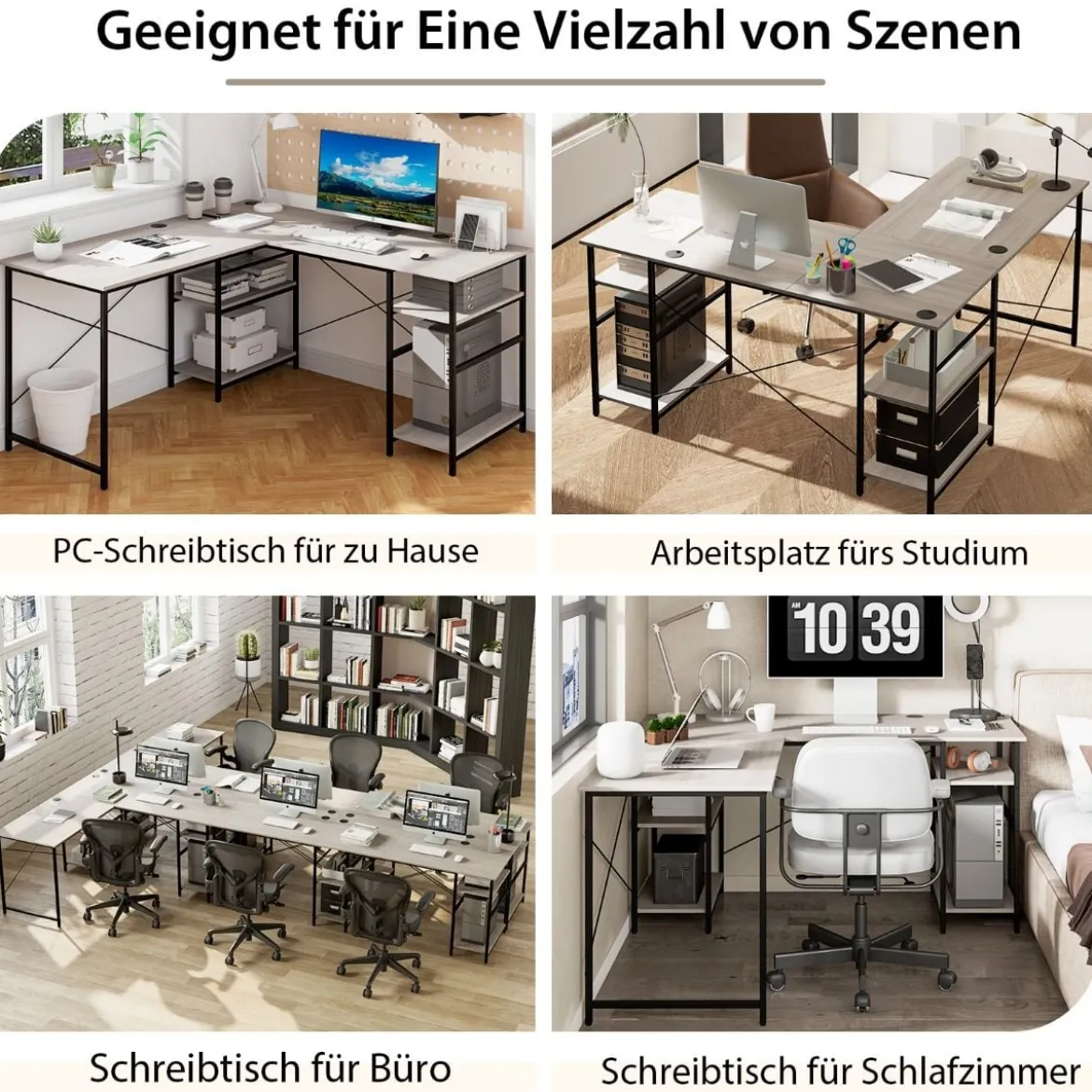 Schreibtisch L-Form Reversibler Eckschreibtisch mit 4 Ablagen 151 x 151 x 75 cm Grau