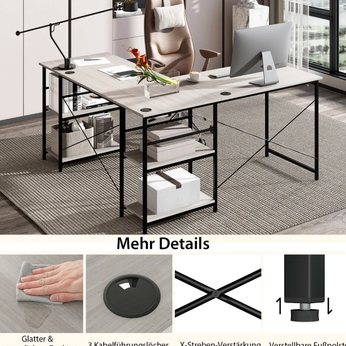 Schreibtisch L-Form Reversibler Eckschreibtisch mit 4 Ablagen 151 x 151 x 75 cm Grau