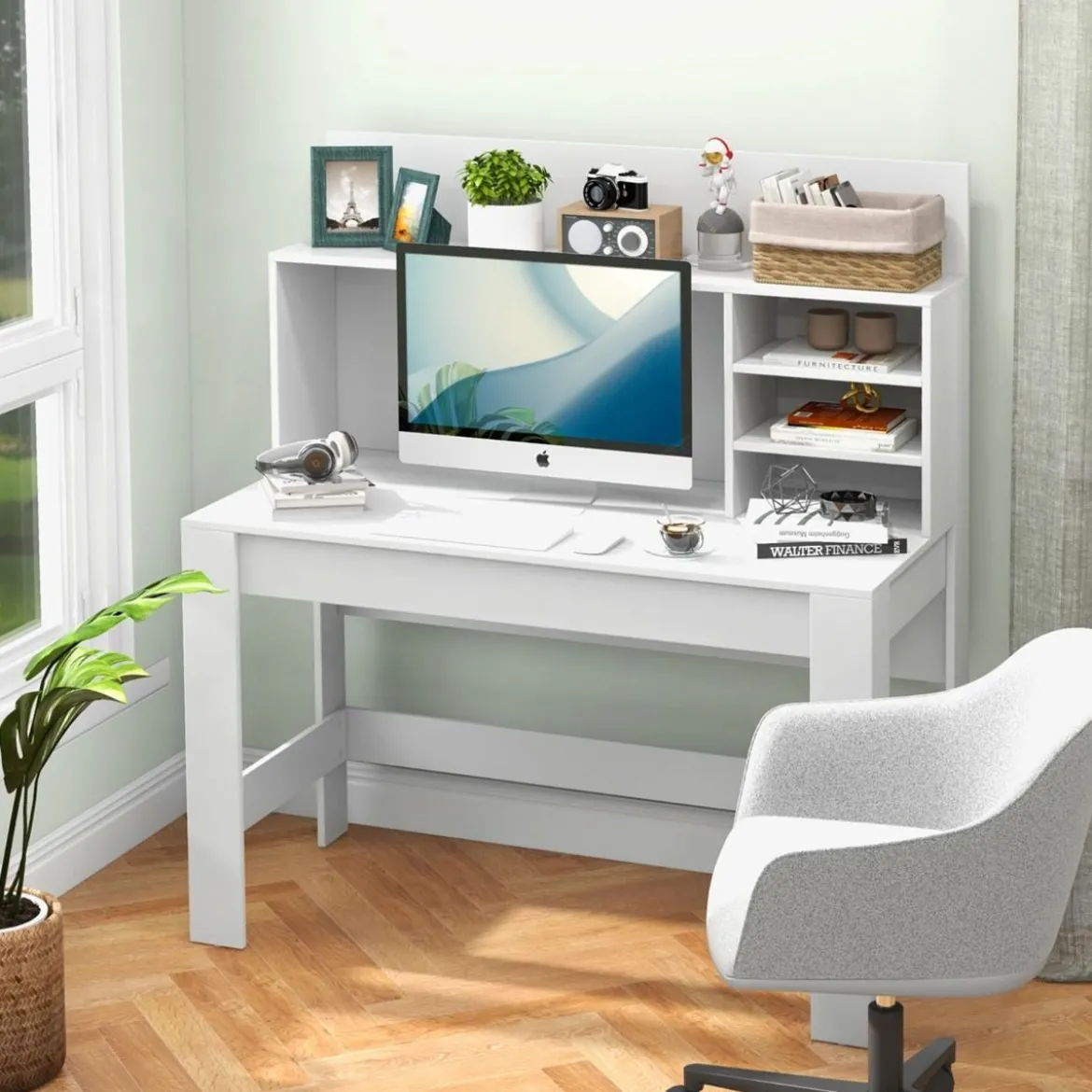 Schreibtisch mit Bücherregal & Kabelführungslöchern 120 x 54 x 129 cm Weiß