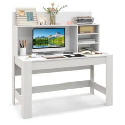 Schreibtisch mit Bücherregal & Kabelführungslöchern 120 x 54 x 129 cm Weiß