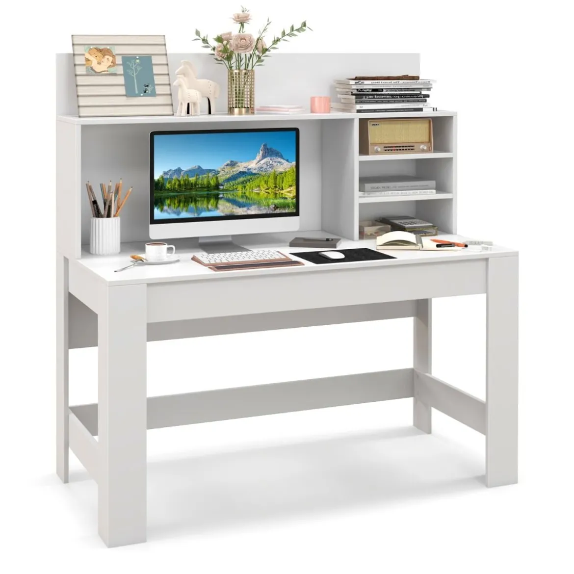 Schreibtisch mit Bücherregal & Kabelführungslöchern 120 x 54 x 129 cm Weiß