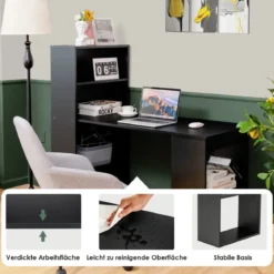 Schreibtisch mit Bücherregal Computertisch mit 6 Regalen PC-Tisch mit Regal Bürotisch Schwarz