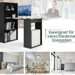 Schreibtisch mit Bücherregal Computertisch mit 6 Regalen PC-Tisch mit Regal Bürotisch Schwarz
