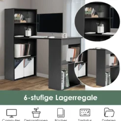 Schreibtisch mit Bücherregal Computertisch mit 6 Regalen PC-Tisch mit Regal Bürotisch Schwarz